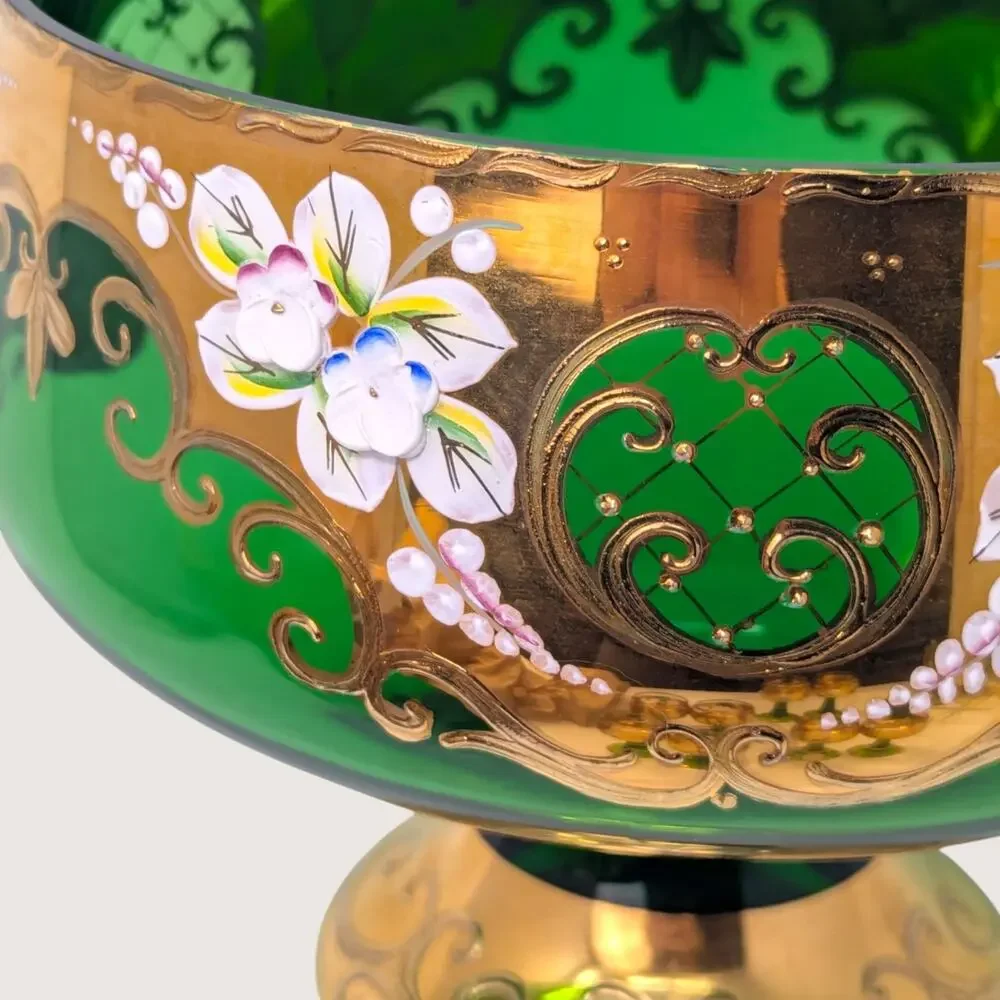 1960s Bohemian Green Glass High Enamel Gold Trim Bowl Cordial Set